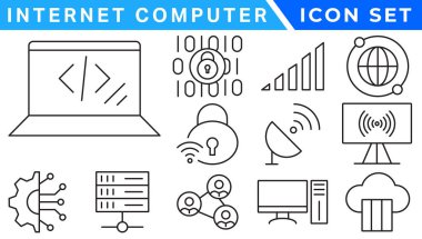 İnternet bilgisayar simgesi seti. Online, bilgisayar, ağ, web sitesi, sunucu, web tasarımı, donanım, yazılım ve programlama içerir. Solid simge vektör koleksiyonu.