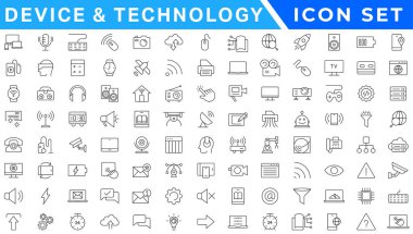 Aygıt ve teknoloji web simgeleri satır stilinde. Bilgisayar monitörü, akıllı telefon, tablet ve dizüstü bilgisayar. Vektör çizimi