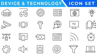 Aygıt ve teknoloji web simgeleri satır stilinde. Bilgisayar monitörü, akıllı telefon, tablet ve dizüstü bilgisayar. Vektör çizimi