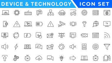Aygıt ve teknoloji web simgeleri satır stilinde. Bilgisayar monitörü, akıllı telefon, tablet ve dizüstü bilgisayar. Vektör çizimi