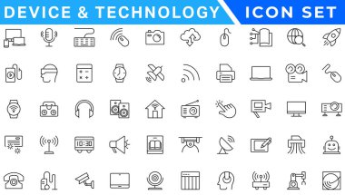 Aygıt ve teknoloji web simgeleri satır stilinde. Bilgisayar monitörü, akıllı telefon, tablet ve dizüstü bilgisayar. Vektör çizimi