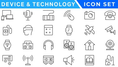 Aygıt ve teknoloji web simgeleri satır stilinde. Bilgisayar monitörü, akıllı telefon, tablet ve dizüstü bilgisayar. Vektör çizimi