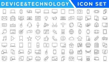100 Cihaz ve Teknoloji Ağı simgesinden oluşan bir set. Bilgisayar monitörü, akıllı telefon, tablet ve laptop. Vektör illüstrasyonu.