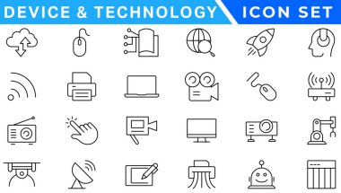 Aygıt ve teknoloji web simgeleri satır stilinde. Bilgisayar monitörü, akıllı telefon, tablet ve dizüstü bilgisayar. Vektör çizimi