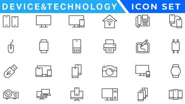 Satır stilinde 24 Aygıt ve teknoloji web simgeleri ayarlayın. Bilgisayar monitörü, akıllı telefon, tablet ve dizüstü bilgisayar. Vektör çizimi.