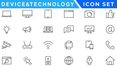 Satır stilinde 24 Aygıt ve teknoloji web simgeleri ayarlayın. Bilgisayar monitörü, akıllı telefon, tablet ve dizüstü bilgisayar. Vektör çizimi.