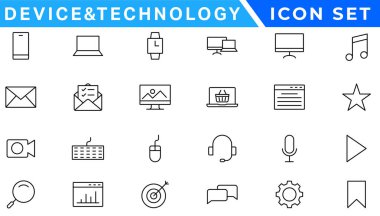 Satır stilinde 24 Aygıt ve teknoloji web simgeleri ayarlayın. Bilgisayar monitörü, akıllı telefon, tablet ve dizüstü bilgisayar. Vektör çizimi.