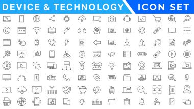 Cihaz ve Teknoloji ince çizgi simgeleri ayarlandı. Web simgeleri. Aygıtlar, Bilgisayar, Akıllı Telefon, Tablet, Posta, Arama, Tablet, Bulut, Ortam simgesi. Vektör illüstrasyonu