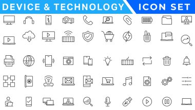 Cihaz ve Teknoloji ince çizgi simgeleri ayarlandı. Web simgeleri. Aygıtlar, Bilgisayar, Akıllı Telefon, Tablet, Posta, Arama, Tablet, Bulut, Ortam simgesi. Vektör illüstrasyonu