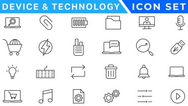 Cihaz ve Teknoloji ince çizgi simgeleri ayarlandı. Web simgeleri. Aygıtlar, Bilgisayar, Akıllı Telefon, Tablet, Posta, Arama, Tablet, Bulut, Ortam simgesi. Vektör illüstrasyonu