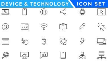 Cihaz ve Teknoloji ince çizgi simgeleri ayarlandı. Web simgeleri. Aygıtlar, Bilgisayar, Akıllı Telefon, Tablet, Posta, Arama, Tablet, Bulut, Ortam simgesi. Vektör illüstrasyonu