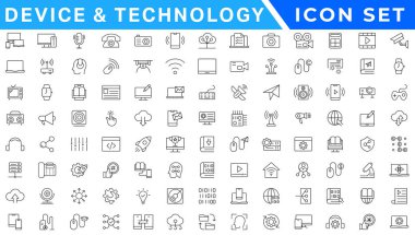 Aygıt ve teknoloji çizgisi simgesi ayarlandı. Elektronik cihazlar, cihazlar, bilgisayar, ekipman ve elektronik aletler. Bilgisayar monitörü, akıllı telefon, tablet ve laptop sumbol koleksiyonu - stok vektosu