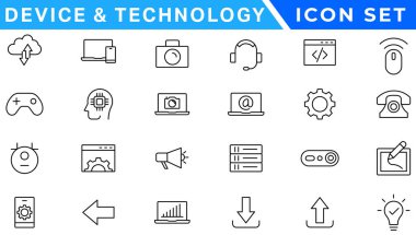 Cihaz ve Teknoloji ince çizgi simgeleri ayarlandı. Web simgeleri. Aygıtlar, Bilgisayar, Akıllı Telefon, Tablet, Posta, Arama, Tablet, Bulut, Ortam simgesi. Vektör illüstrasyonu