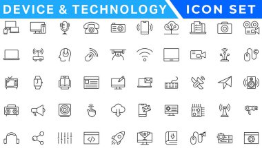 Aygıt ve teknoloji çizgisi simgesi ayarlandı. Elektronik cihazlar, cihazlar, bilgisayar, ekipman ve elektronik aletler. Bilgisayar monitörü, akıllı telefon, tablet ve laptop sumbol koleksiyonu - stok vektosu