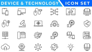 Aygıt ve teknoloji çizgisi simgesi ayarlandı. Elektronik cihazlar, cihazlar, bilgisayar, ekipman ve elektronik aletler. Bilgisayar monitörü, akıllı telefon, tablet ve laptop sumbol koleksiyonu - stok vektosu