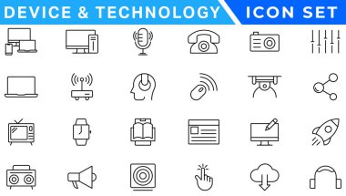 Aygıt ve teknoloji çizgisi simgesi ayarlandı. Elektronik cihazlar, cihazlar, bilgisayar, ekipman ve elektronik aletler. Bilgisayar monitörü, akıllı telefon, tablet ve laptop sumbol koleksiyonu - stok vektosu