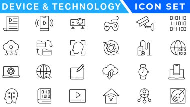 Aygıt ve teknoloji çizgisi simgesi ayarlandı. Elektronik cihazlar, cihazlar, bilgisayar, ekipman ve elektronik aletler. Bilgisayar monitörü, akıllı telefon, tablet ve laptop sumbol koleksiyonu - stok vektosu