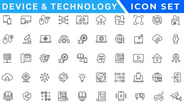 Aygıt ve teknoloji çizgisi simgesi ayarlandı. Elektronik cihazlar, cihazlar, bilgisayar, ekipman ve elektronik aletler. Bilgisayar monitörü, akıllı telefon, tablet ve laptop sumbol koleksiyonu - stok vektosu
