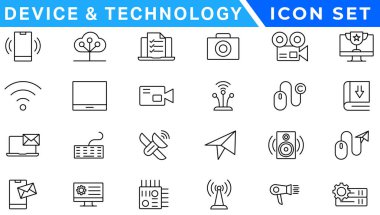 Aygıt ve teknoloji çizgisi simgesi ayarlandı. Elektronik cihazlar, cihazlar, bilgisayar, ekipman ve elektronik aletler. Bilgisayar monitörü, akıllı telefon, tablet ve laptop sumbol koleksiyonu - stok vektosu