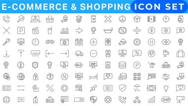 E-ticaret simgesi seti. Çevrimiçi alışveriş ve dağıtım elemanları. E-iş sembolü. Solid simge vektör koleksiyonu