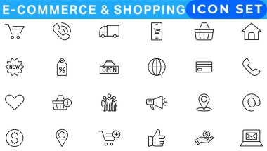 Alışveriş ikonları ayarlandı. E-ticaret simgesi koleksiyonu. Çevrimiçi alışveriş çizgisi simgeleri. Dükkan simgeleri vektosu