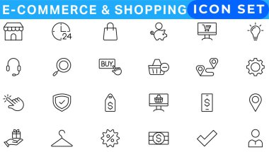 Alışveriş ikonları ayarlandı. E-ticaret simgesi koleksiyonu. Çevrimiçi alışveriş çizgisi simgeleri. Dükkan simgeleri vektosu
