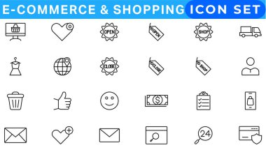 E-ticaret ve sıralı web simgeleri. Mobil Mağaza, Dijital pazarlama, Banka Kartı, Hediyeler. Vektör çizimi