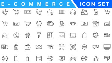 E-Commerce set of web icons in line style. .Online shopping icons for web and mobile app. .Business, mobile shop, digital marketing, bank card, .gifts, sale, delivery. .Vector illustration clipart