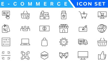 E-Commerce set of web icons in line style. .Online shopping icons for web and mobile app. .Business, mobile shop, digital marketing, bank card, .gifts, sale, delivery. .Vector illustration clipart