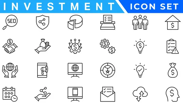 stock vector Investment icon set. Containing investor, mutual fund, asset, risk management, economy, financial gain, interest and stock icons. Solid icon collection.