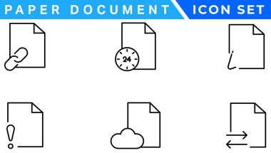 Kağıt belge simgesi ayarlandı. Katlanmış kağıt belge sayfa simgesi vektör ögesi. Farklı biçimlerde doğrusal dosya simgesi.