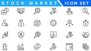Hisse senedi piyasası simgeleri tam olarak düzenlenebilir ve ince çizgili vektör çizgisi çizimi ile belirlendi. Borsa, borsa, yatırım, hisse senedi, finansal hedefler, ayı pazarlama, ticaret, menkul kıymetler, para