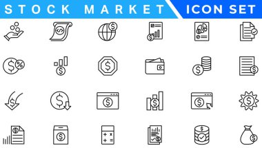 Borsa simgesi seti. Hisse senetleri, borsa, mali hedef, hisse, yatırım, boğa pazarı, ayı pazarı ve yatırım simgeleri içeriyor. Katı simge koleksiyonu. Vektör illüstrasyonu