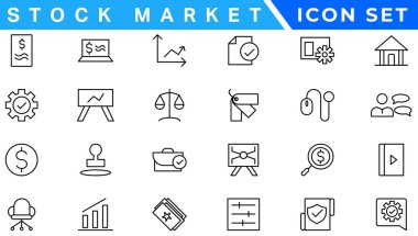 Hisse senedi piyasası simgeleri tam olarak düzenlenebilir ve ince çizgili vektör çizgisi çizimi ile belirlendi. Borsa, borsa, yatırım, hisse senedi, finansal hedefler, ayı pazarlama, ticaret, menkul kıymetler, para