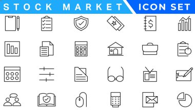 Hisse senedi piyasası simgeleri tam olarak düzenlenebilir ve ince çizgili vektör çizgisi çizimi ile belirlendi. Borsa, borsa, yatırım, hisse senedi, finansal hedefler, ayı pazarlama, ticaret, menkul kıymetler, para