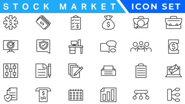 Hisse senedi piyasası simgeleri tam olarak düzenlenebilir ve ince çizgili vektör çizgisi çizimi ile belirlendi. Borsa, borsa, yatırım, hisse senedi, finansal hedefler, ayı pazarlama, ticaret, menkul kıymetler, para