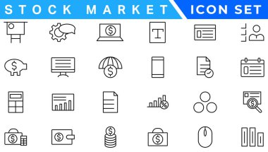 Hisse senedi piyasası simgeleri tam olarak düzenlenebilir ve ince çizgili vektör çizgisi çizimi ile belirlendi. Borsa, borsa, yatırım, hisse senedi, finansal hedefler, ayı pazarlama, ticaret, menkul kıymetler, para