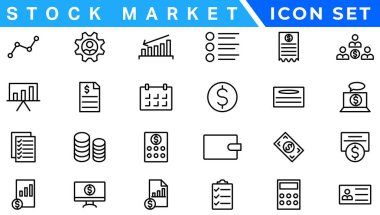 Hisse senedi piyasası simgeleri tam olarak düzenlenebilir ve ince çizgili vektör çizgisi çizimi ile belirlendi. Borsa, borsa, yatırım, hisse senedi, finansal hedefler, ayı pazarlama, ticaret, menkul kıymetler, para