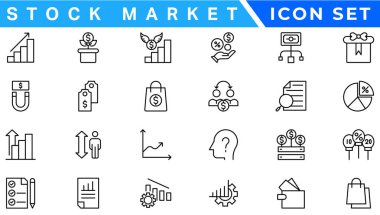 Borsa simgesi seti. Hisse senetleri, borsa, mali hedef, hisse, yatırım, boğa pazarı, ayı pazarı ve yatırım simgeleri içeriyor. Katı simge koleksiyonu. Vektör illüstrasyonu