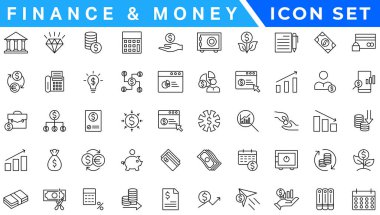 Para ve finans sektörü web simgeleri aynı hizada. Web ve mobil uygulama için ödeme ve para simgeleri. Para, dolar, nakit, ödeme, bankacılık, iş, finans, bozuk para cüzdanı, kredi kartı. Vektör illüstrasyonu