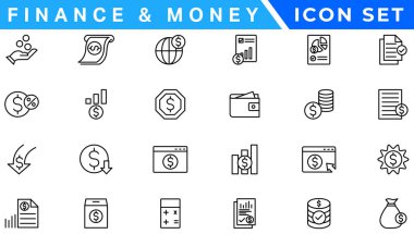 Para ve finans sektörü web simgeleri aynı hizada. Web ve mobil uygulama için ödeme ve para simgeleri. Para, dolar, nakit, ödeme, bankacılık, iş, finans, bozuk para cüzdanı, kredi kartı. Vektör illüstrasyonu