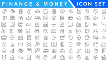 Para çizgisi simgeleri. Bir dizi bankacılık, cüzdan ve sikke ikonu. Kredi kartı, döviz kuru ve nakit para servisi. Euro ve Dolar, nakit cüzdan, takas. Banka kartı, ATM ödemesi. Vektör