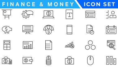 Para çizgisi simgeleri. Bir dizi bankacılık, cüzdan ve sikke ikonu. Kredi kartı, döviz kuru ve nakit para servisi. Euro ve Dolar, nakit cüzdan, takas. Banka kartı, ATM ödemesi. Vektör