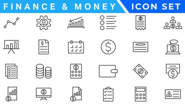 Para çizgisi simgeleri. Bir dizi bankacılık, cüzdan ve sikke ikonu. Kredi kartı, döviz kuru ve nakit para servisi. Euro ve Dolar, nakit cüzdan, takas. Banka kartı, ATM ödemesi. Vektör
