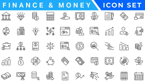 Para ve finans sektörü web simgeleri aynı hizada. Web ve mobil uygulama için ödeme ve para simgeleri. Para, dolar, nakit, ödeme, bankacılık, iş, finans, bozuk para cüzdanı, kredi kartı. Vektör illüstrasyonu