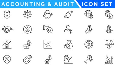 Accounting and audit icon set. Taxes and accounting line icons collection. Check and audit line icons collection. Containing financial statement, accountant, financial audit. Vector illustration clipart