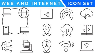 İnternet ve internet hattı simgeleri koleksiyonu. Büyük UI simgesi düz dizayn edildi. İnce taslak simgeler paketi. Vektör illüstrasyonu