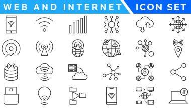 İnternet ve internet hattı simgeleri koleksiyonu. Büyük UI simgesi düz dizayn edildi. İnce taslak simgeler paketi. Vektör illüstrasyonu