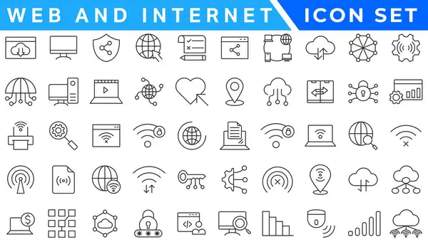 İnternet ve internet hattı simgeleri koleksiyonu. Büyük UI simgesi düz dizayn edildi. İnce taslak simgeler paketi. Vektör illüstrasyonu