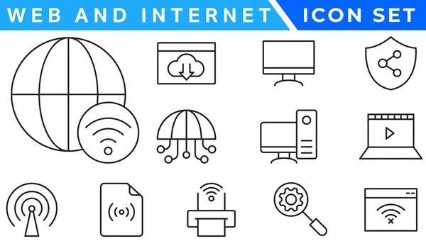 İnternet ve internet hattı simgeleri koleksiyonu. Büyük UI simgesi düz dizayn edildi. İnce taslak simgeler paketi. Vektör illüstrasyonu